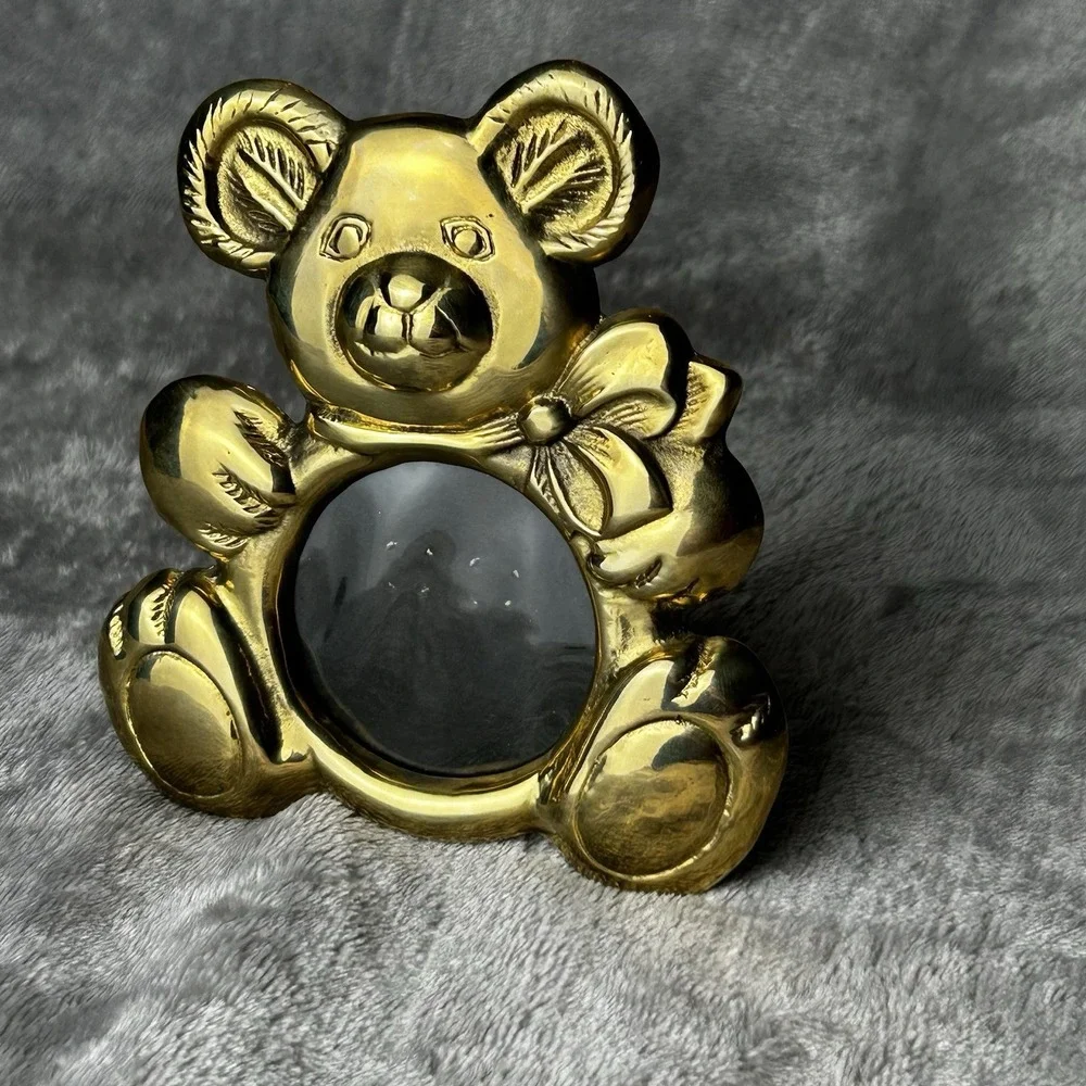 Vintage Brass Teddy Bear Shaped Frame 3D Cottagecore Country Decor Kids Room